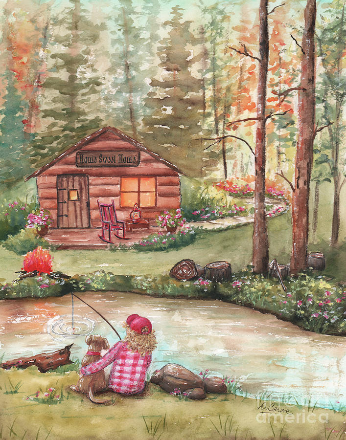 Girls Love Fishing Too - Girl Fishing With Dog Painting by Debbie Cerone