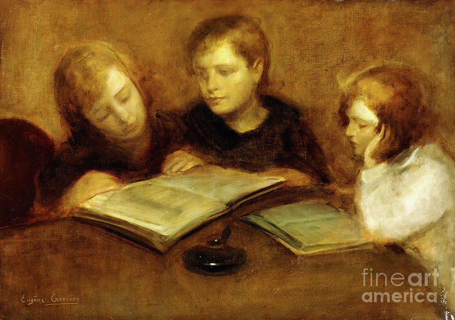 Girls Reading Painting by Eugene Carriere