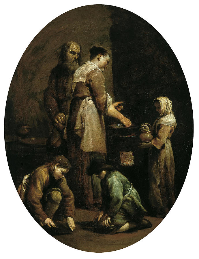Giuseppe Maria Crespi -Bologna, 1665-1747-. Interior with a Family of Peasants -ca. 1709-. Oil on... Painting by Giuseppe Maria Crespi -1665-1747-