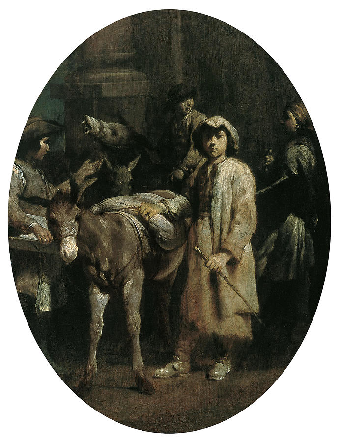 Giuseppe Maria Crespi -Bologna, 1665-1747-. Peasants with Donkeys -ca. 1709-. Oil on copper. 39.4... Painting by Giuseppe Maria Crespi -1665-1747-