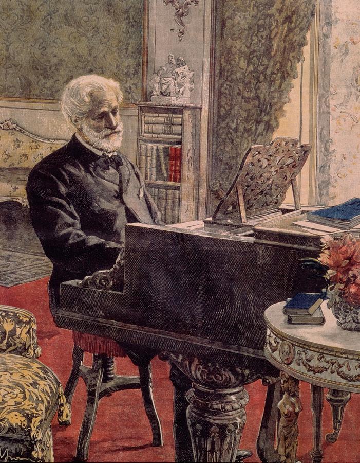 Giuseppe Verdi at piano, 1899, engraving. ACHILLE BELTRAME . Painting by Album