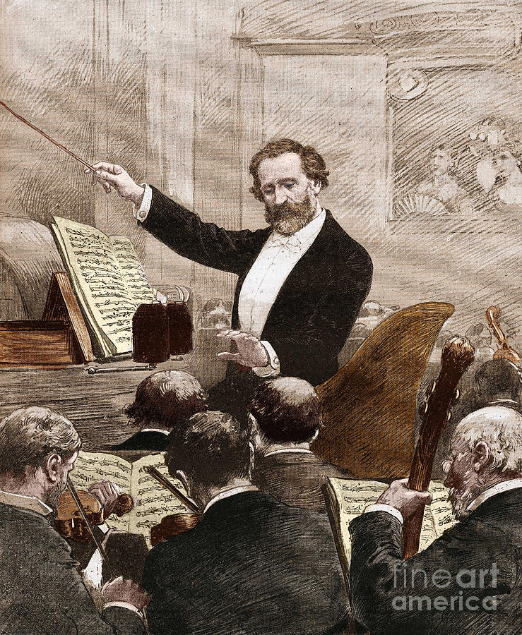 Giuseppe Verdi leading the opera orchestra to the first representation of Aida in Paris in 1880 Drawing by Italian School