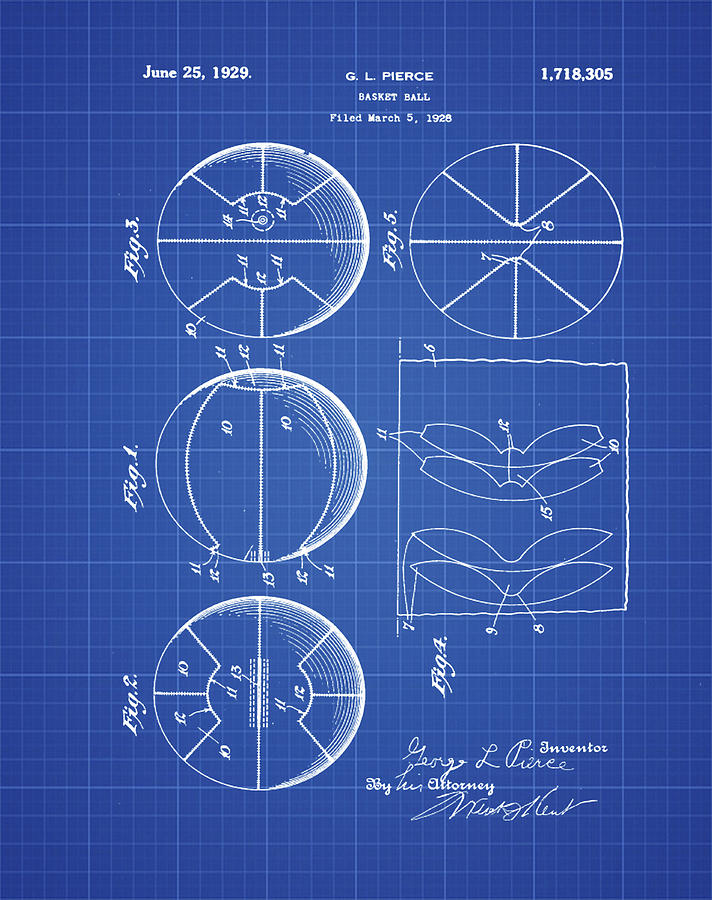 Basketball Photograph - GL Pierce Basketball Patent 1929 in Blue Print by Bill Cannon