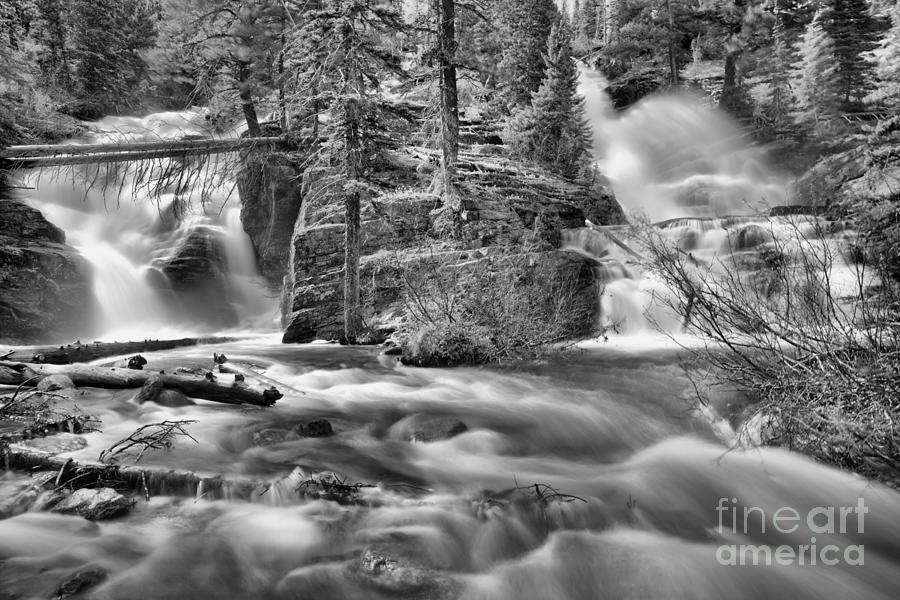 Glacier Park Twin Falls Black And White Photograph by Adam Jewell