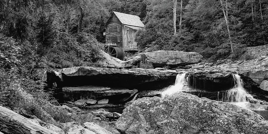 Black And White Photograph - Glade Creek Grist Mill and Twin Waterfalls Monochrome Panorama by Gregory Ballos