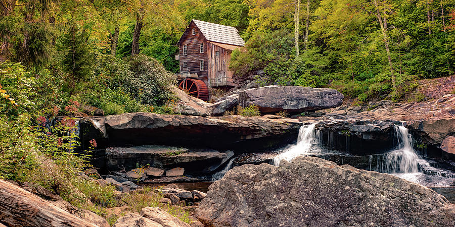 Glade Creek Grist Mill and Twin Waterfalls Panorama Photograph by Gregory Ballos