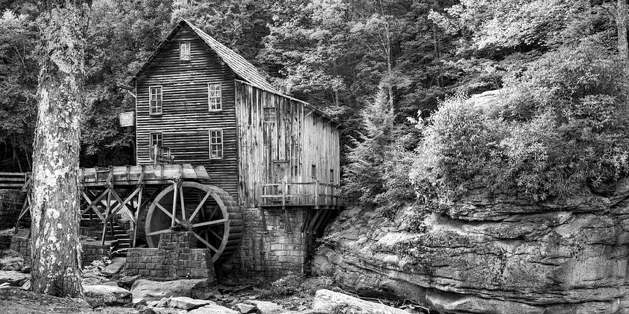 Black And White Photograph - Glade Creek Grist Mill Monochrome Panorama - West Virginia by Gregory Ballos