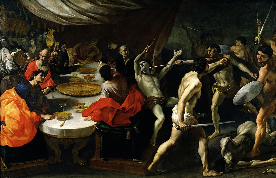 Gladiators Fighting at a Banquet, ca. 1638, Italian School, Oi... Painting by Giovanni Lanfranco -1582-1647-