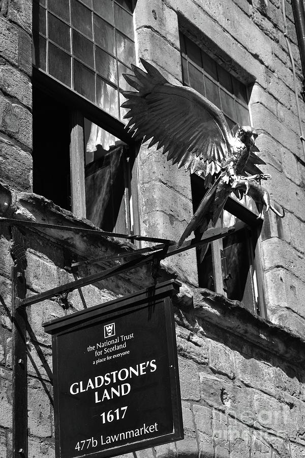 Gladstones Land Sign, Lawnmarket, Edinburgh - B/W  Photograph by Yvonne Johnstone