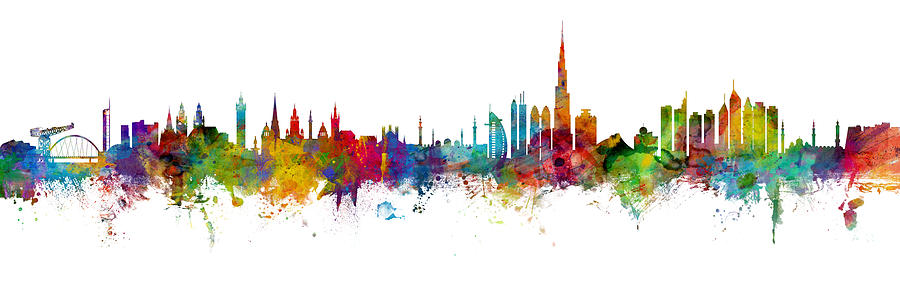 Glasgow and Dubai Skyline Mashup Digital Art by Michael Tompsett