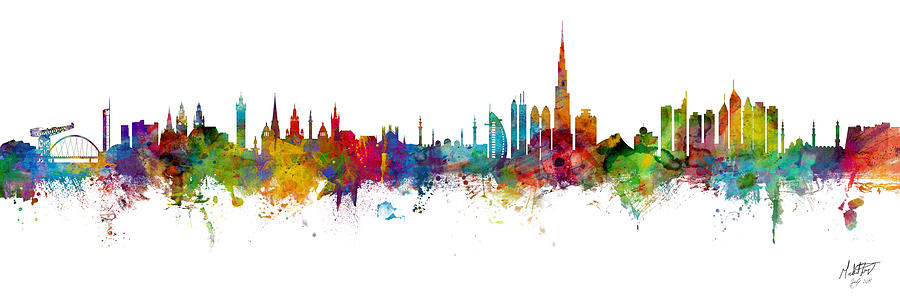 Glasgow and Dubai Skyline Mashup SIGNED Digital Art by Michael Tompsett
