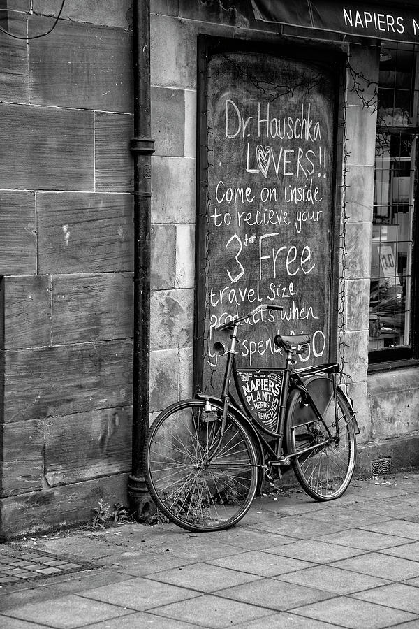 Glasgow Bike in Front of Shop in Black and White Photograph by Bill Cannon
