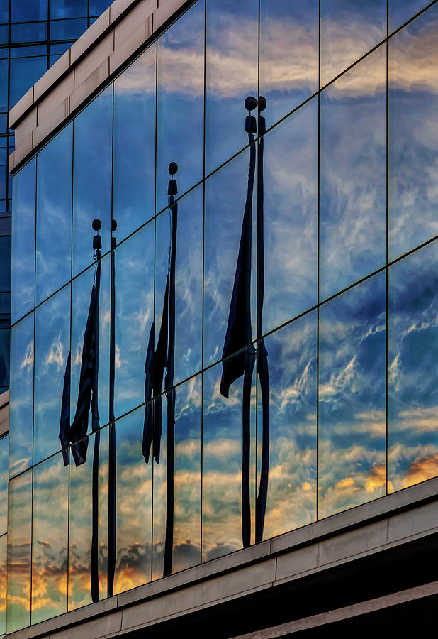 Glass Architecture and Reflected Flags and Sky Photograph by Robert Ullmann