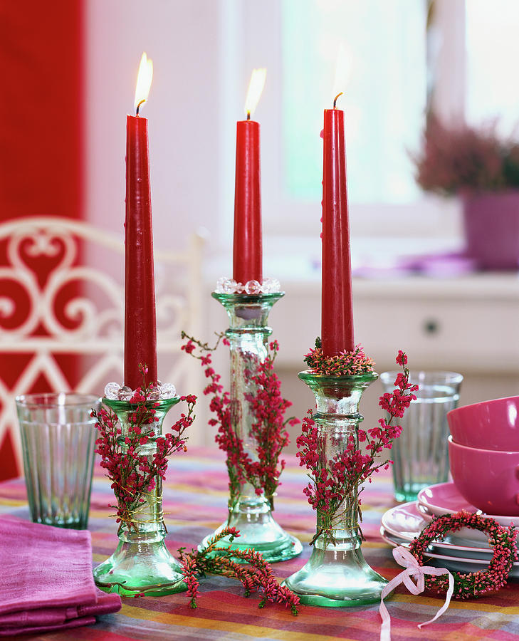 Glass Candlestick With Red Candles, Coffee Things Behind Photograph by Strauss, Friedrich