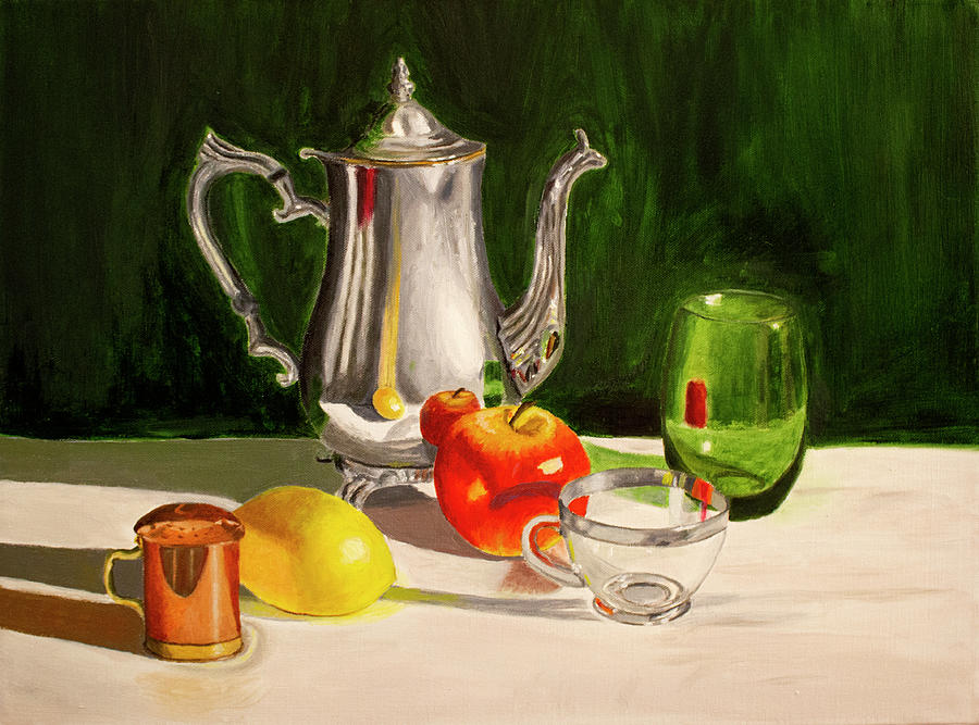 Glass Copper And Silver Still Life Painting