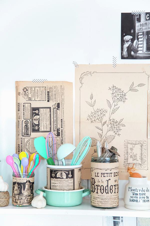 Glass Jars Covered In Vintage-style Printed Paper Holding Kitchen Utensils Photograph by Syl Loves
