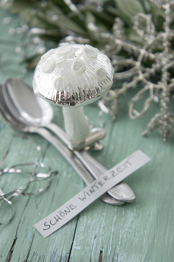 Glass Mushroom Ornament, Spoon And Motto Photograph by Martina Schindler