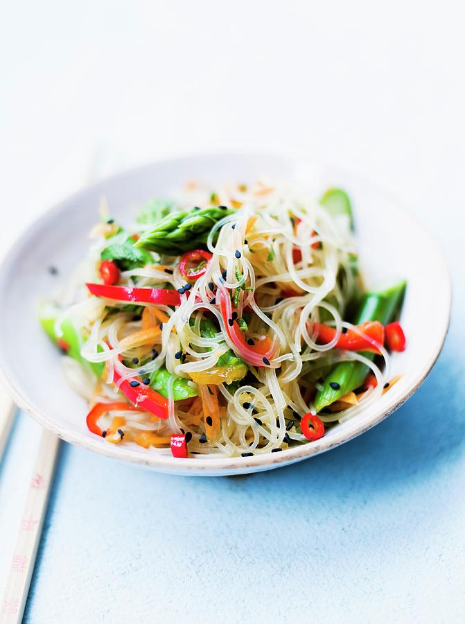 Glass Noodle Salad With Green Asparagus, Pepper And Chillis Photograph by Sporrer/skowronek