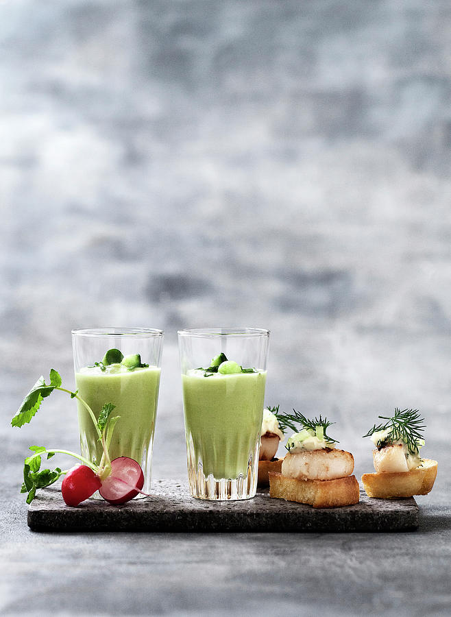 Glass Of Pea Soup And Scallop Canapes Photograph by Line Klein