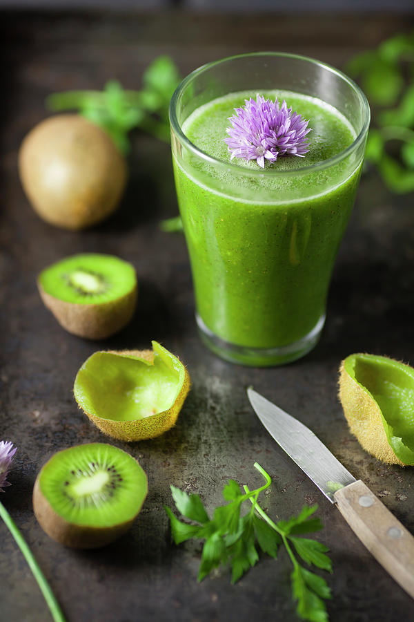 Glass Of Smoothie With Kiwi, Parsley Photograph by Westend61