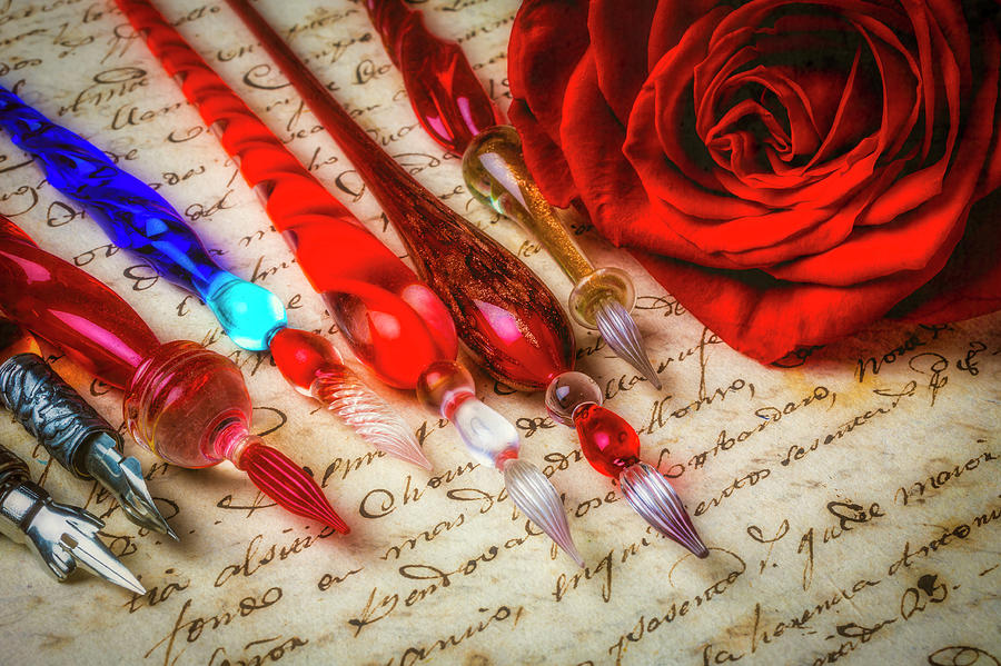 Glass Pens And Red Rosa Photograph by Garry Gay