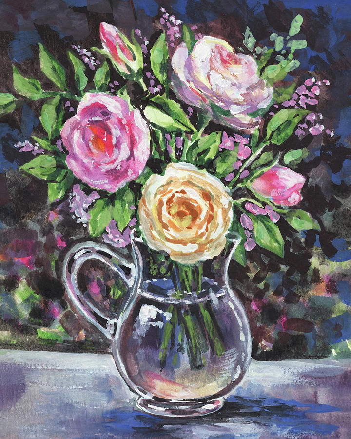 Glass Pitcher With Pink And Yellow Roses Impressionism  Painting by Irina Sztukowski