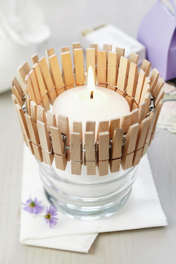Glass Tealight Holder Decorated With Clothed Pegs Photograph by Franziska Taube