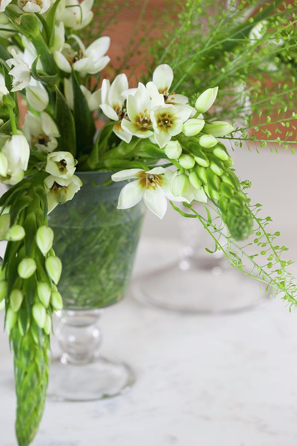 Glass Vase Of White Flowers On Table Photograph by Annette Nordstrom