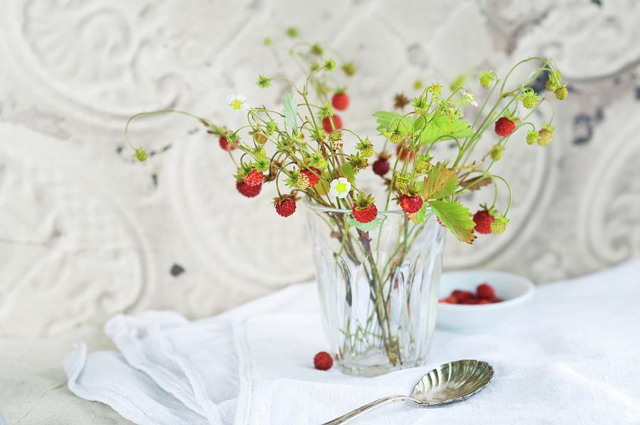 Glass Vase Of Wild Strawberries With Flowers And Fruit Photograph by Achim Sass