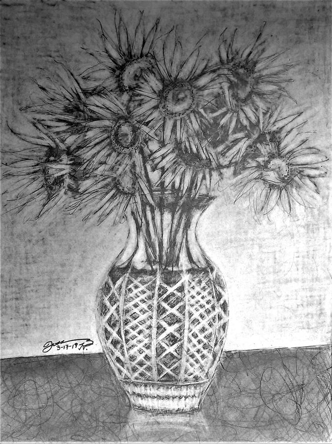 Glass Vase With Ten Sunflowers Drawing