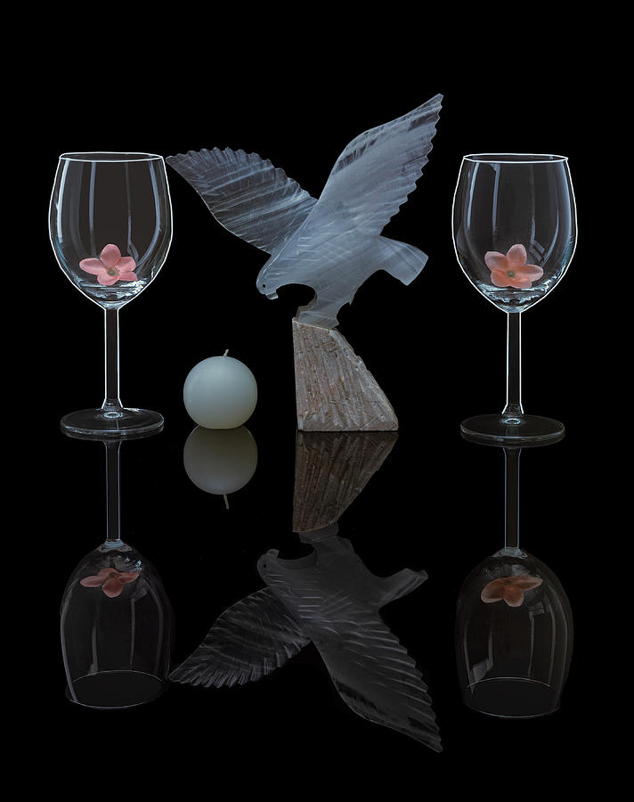 Still Life Photograph - Glass With Bird Statue by Shimei Yan