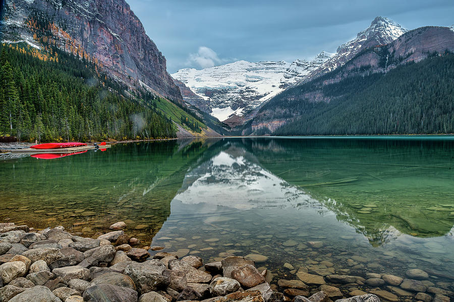 Glassy Smooth Lake Louise on a Fall Morning in Banff National Pa Photograph by Doug Holck | Fine Art America