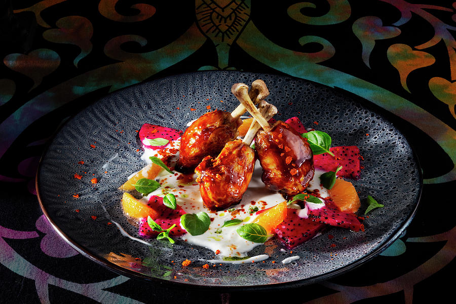 Glazed Chicken Drumsticks With Exotic Fruits india Photograph by Christian Schuster