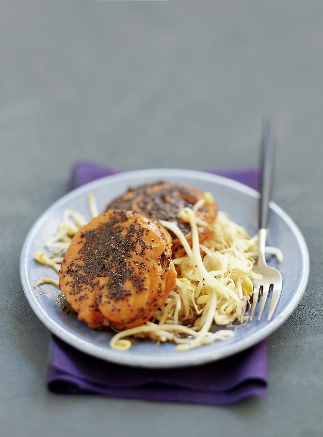 Glazed Salmon Noisette Fillets With Poppyseeds And Beansprouts Photograph by Viel