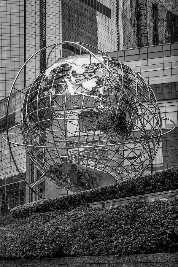 Globe Sculpture at Columbus Circle BW Photograph by Susan Candelario
