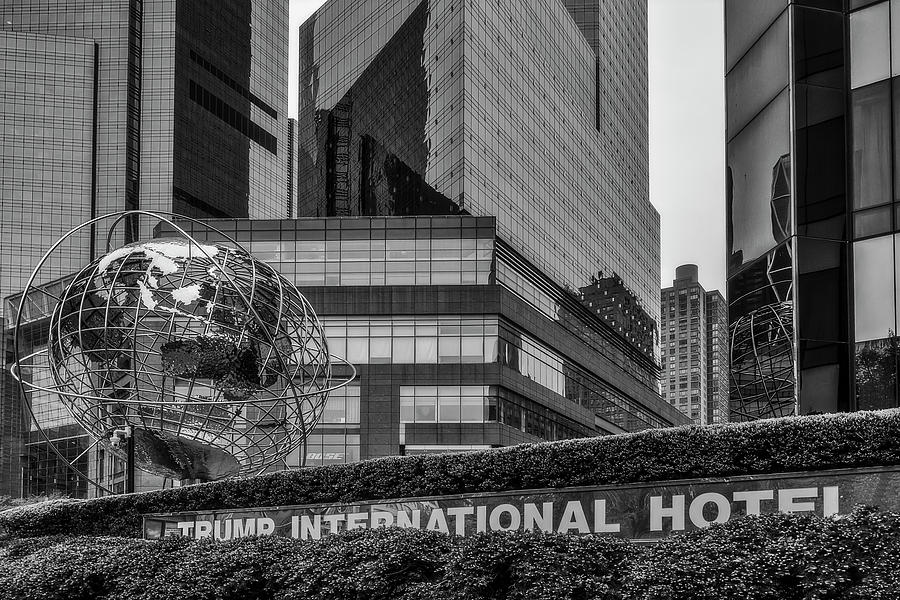 Globe Sculpture at Trump Hotel BW Photograph by Susan Candelario