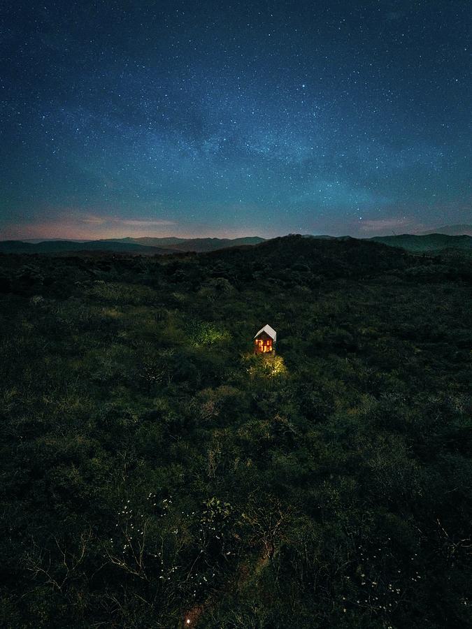 Glowing House Under A Starry Sky In The Middle Of The Jungle At Night ...