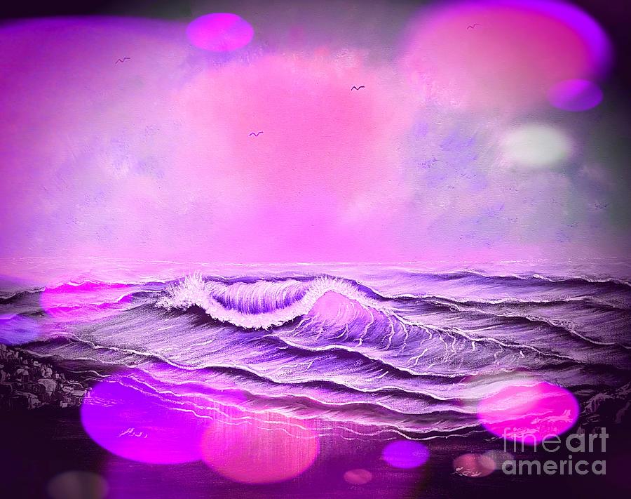 Nature Painting - Glowing  pink beauty seascape enchantment in stardust  by Angela Whitehouse