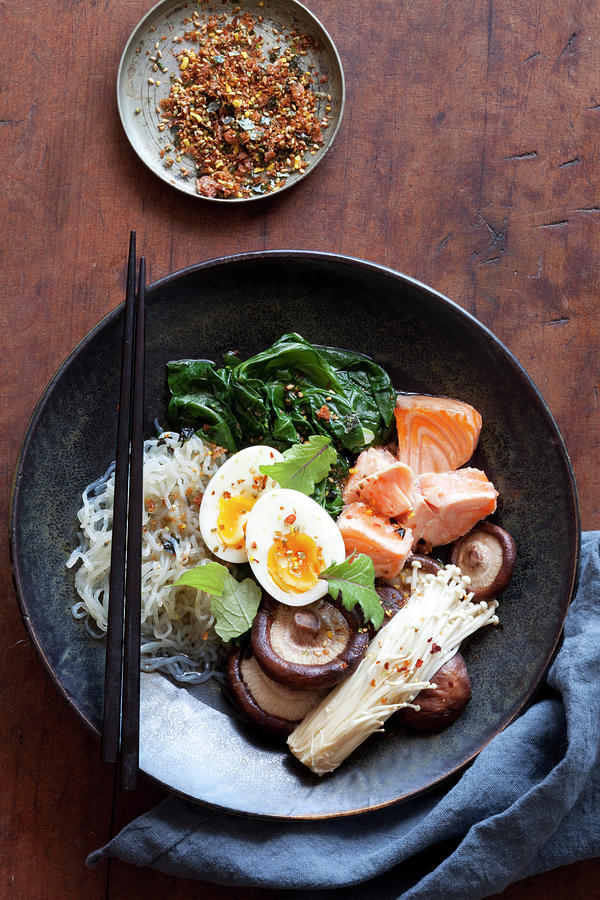 Gluten-free Buddha Bowl With Mushrooms, Vegetables, Salmon And Egg asia Photograph by Louise Hammond