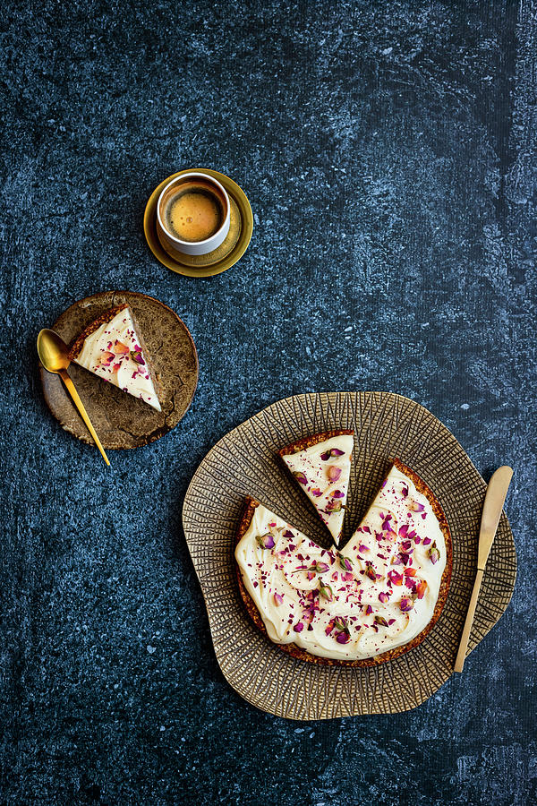 Gluten-free Carrot Cake With Tahini Glaze And Rose Petal Decoration Photograph by Hein Van Tonder