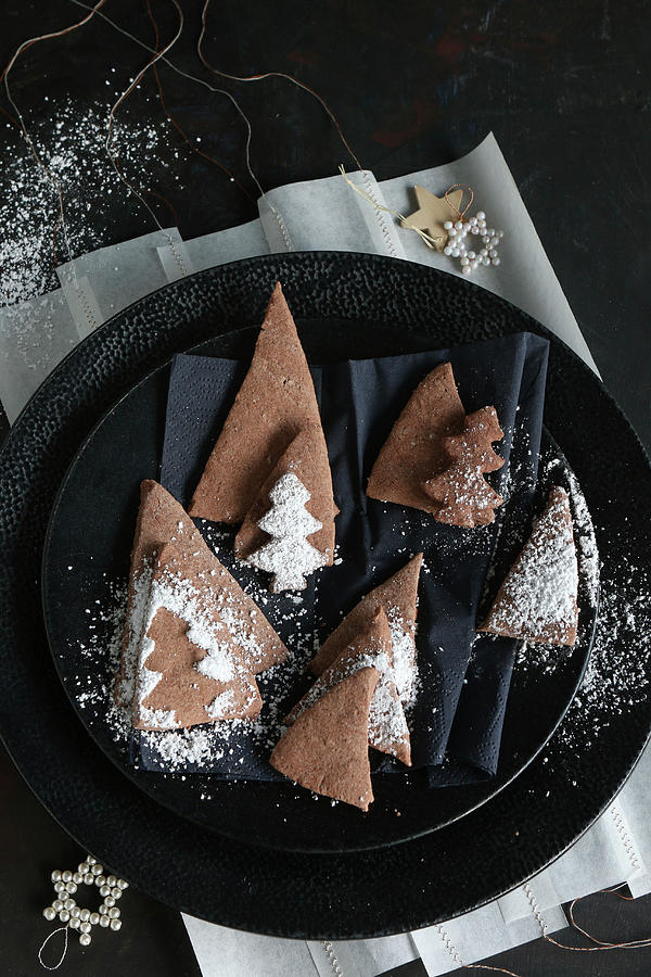 Gluten-free Chocolate Triangle And Christmas Tree-shaped Biscuits With Icing For Christmas Photograph by Regina Hippel