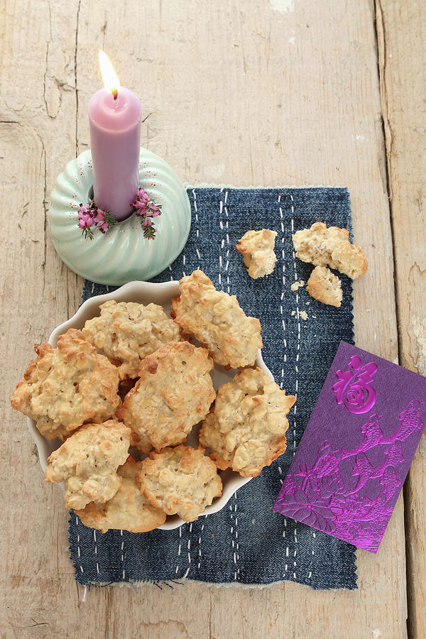 Gluten-free Oat Biscuits For A Birthday With A Candle And A Purple Envelope Photograph by Regina Hippel