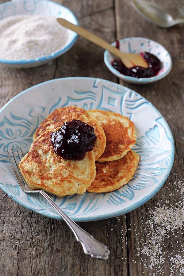 Gluten-free Oat Pancakes With Quark, Pears And Jam Photograph by Zita Csig
