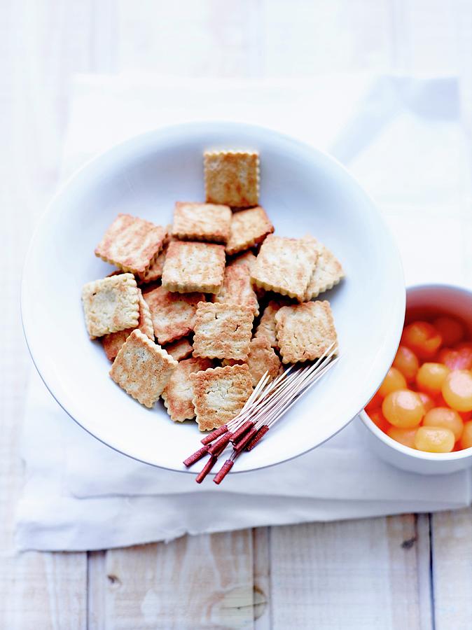 Gluten-free Rice And Chestnut Flour And Almond Powder Rich Tea Biscuits And Melon Balls Photograph by Amiel
