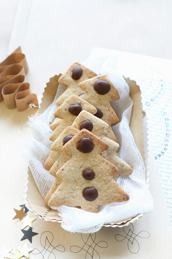 Gluten-free Shortbread Biscuits Shaped Like Christmas Trees With Chocolate Drops Photograph by Regina Hippel