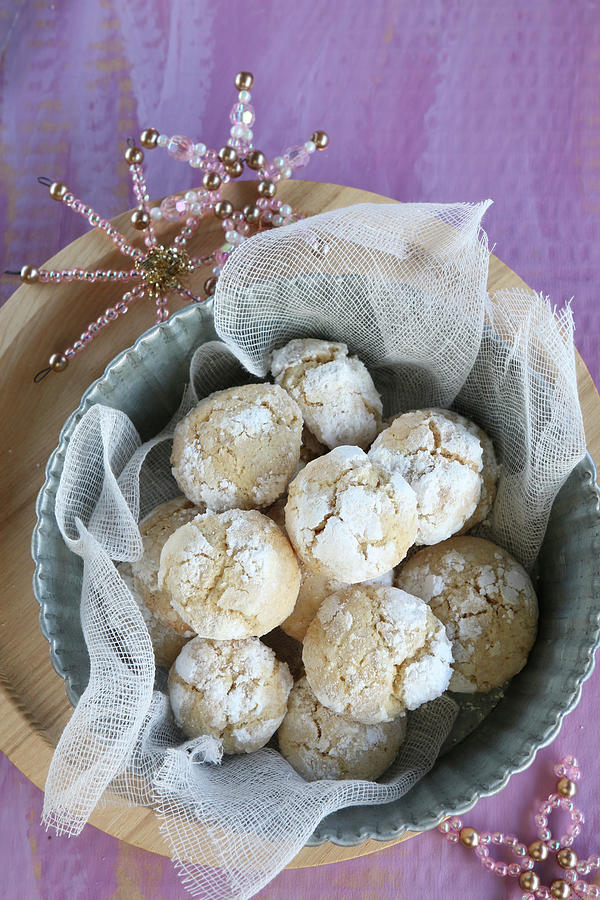 Gluten-free Snowball Cookies Dusted With Icing Sugar And With Beaded Stars Photograph by Regina Hippel