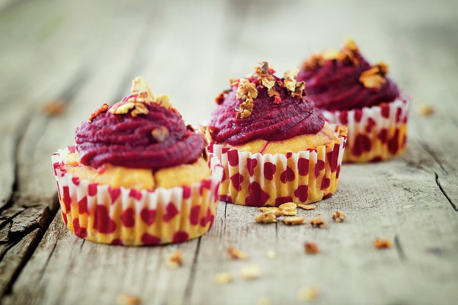 Gluten-free Vegan Sweet Potato Cupcakes With A Beetroot Topping Photograph by Jan Wischnewski