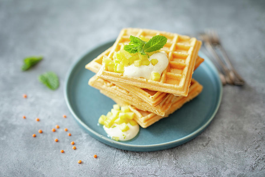 Gluten-free Waffles Made From Red Lentil Flour With Soy Yogurt And Pineapple Salad Photograph by Jan Wischnewski