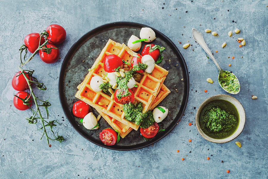 Gluten-free Waffles Made From Red Lentil Flour With Tomato, Mini Mozzarella And Wild Garlic Pesto Photograph by Jan Wischnewski