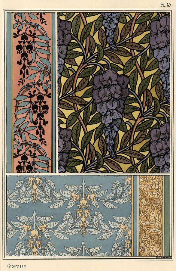Glycine in art nouveau patterns for stained glass, fabric and wallpaper. Lithograph by M.P.Verneuil. Drawing by Album